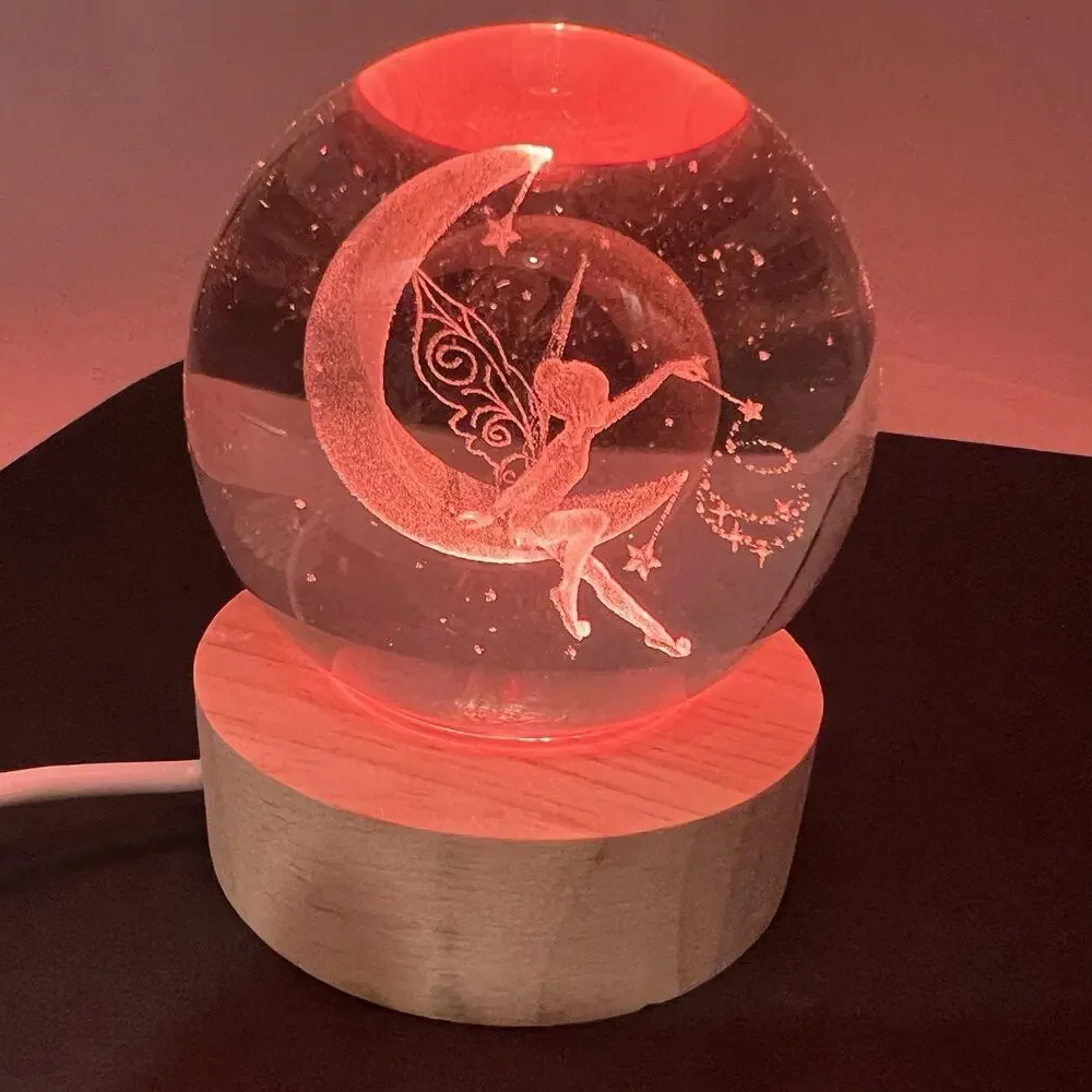 Lighted Tinkerbell Moon Fairy Glass Orb Ball Paperweight Night Light 2.5